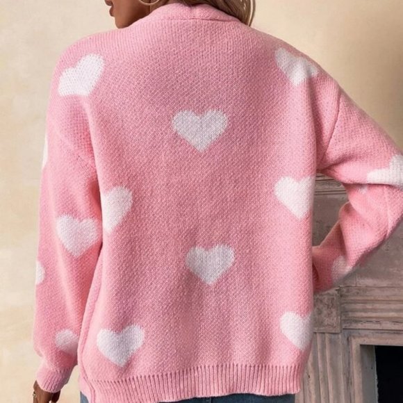 Pink white Heart Print sweater Knit Cardigan - Picture 2 of 6